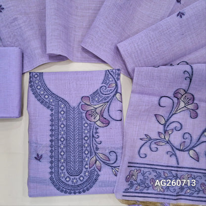Lavender jamdani woven silk cotton unstitched salwar material, heavy jamdani woven on yoke & front,(thin, lining needed) matching silk cotton bottom, jamdani woven silk cotton full length dupatta with handmade tassels. AG260713