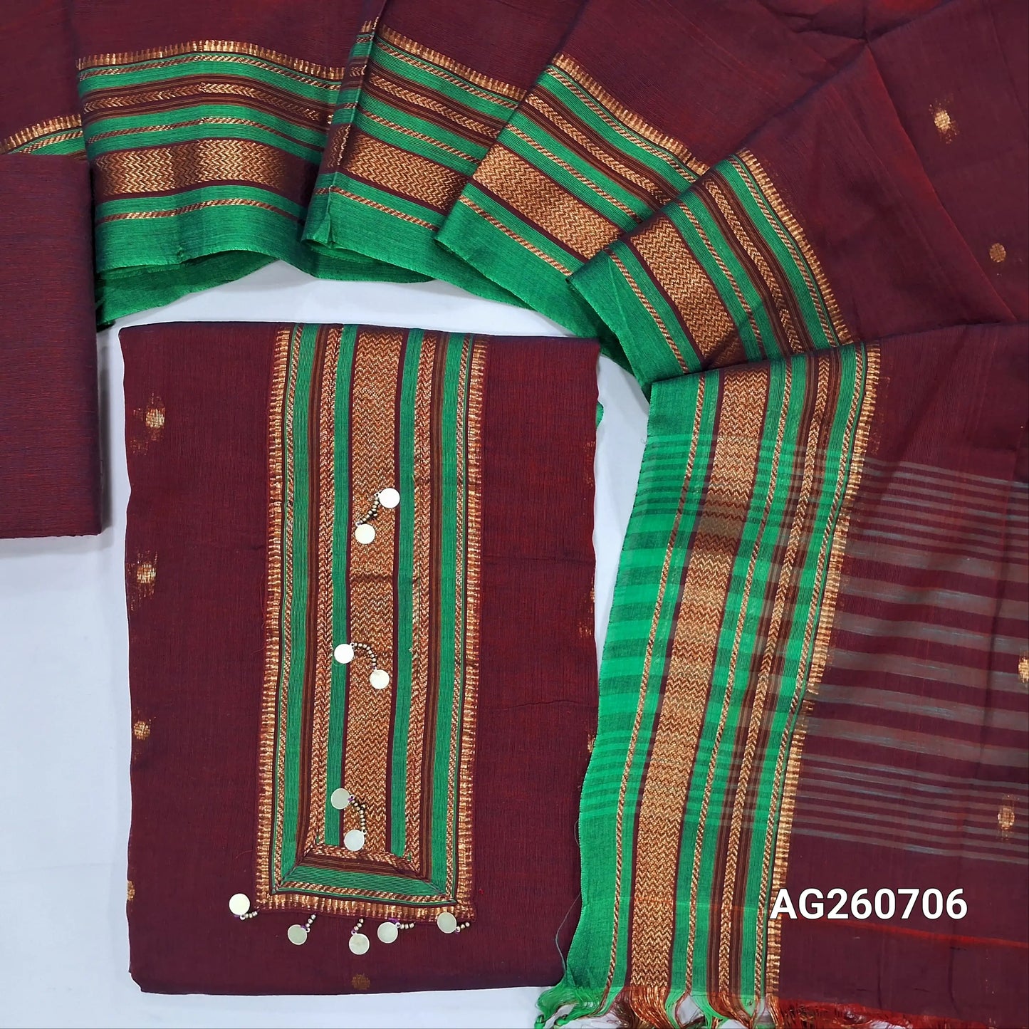 Dark maroon mercerized handloom cotton unstitched salwar material,zari patch on yoke,zari buttas all over,(lining needed)handloom cotton bottom,full length mercerised handloom cotton dupatta with contrast  borders. AG260706