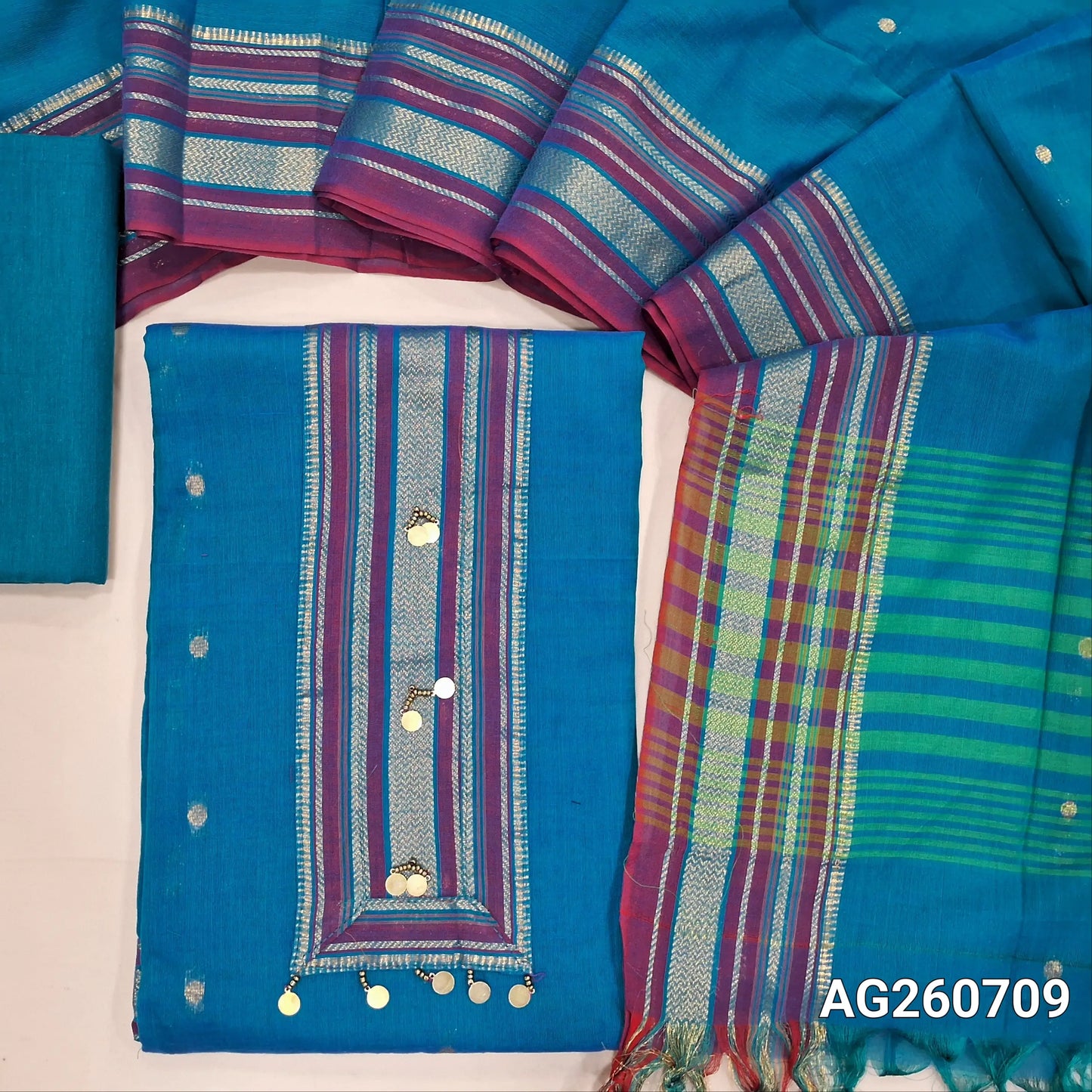 Blue mercerized handloom cotton unstitched salwar material,zari patch on yoke,zari buttas all over,(lining needed)handloom cotton bottom,full length mercerised handloom cotton dupatta with contrast  borders. AG260709