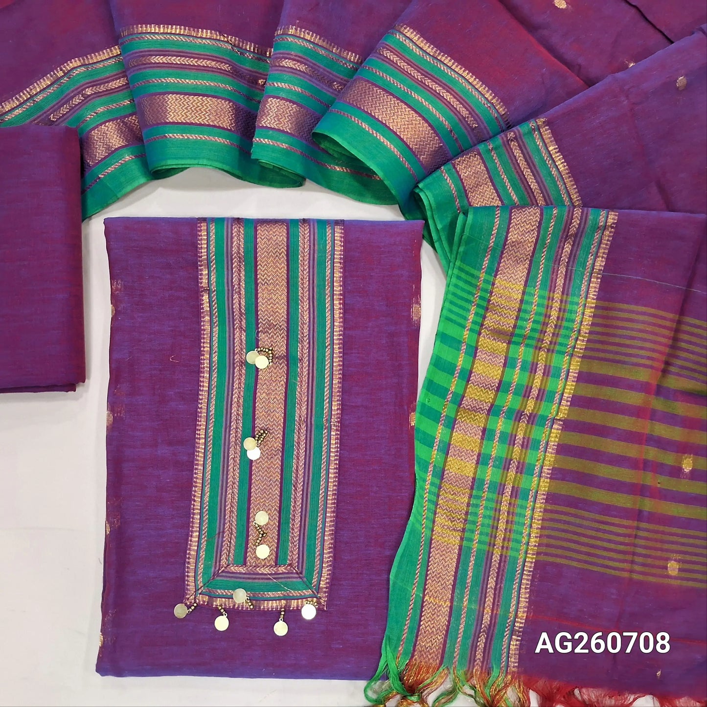 Purple mercerized handloom cotton unstitched salwar material,zari patch on yoke,zari buttas all over,(lining needed)handloom cotton bottom,full length mercerised handloom cotton dupatta with contrast  borders. AG260708