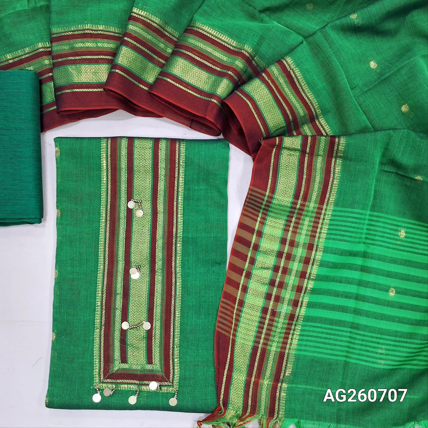 Leafy green mercerized handloom cotton unstitched salwar material,zari patch on yoke,zari buttas all over,(lining needed)handloom cotton bottom,full length mercerised handloom cotton dupatta with contrast  borders. AG260707