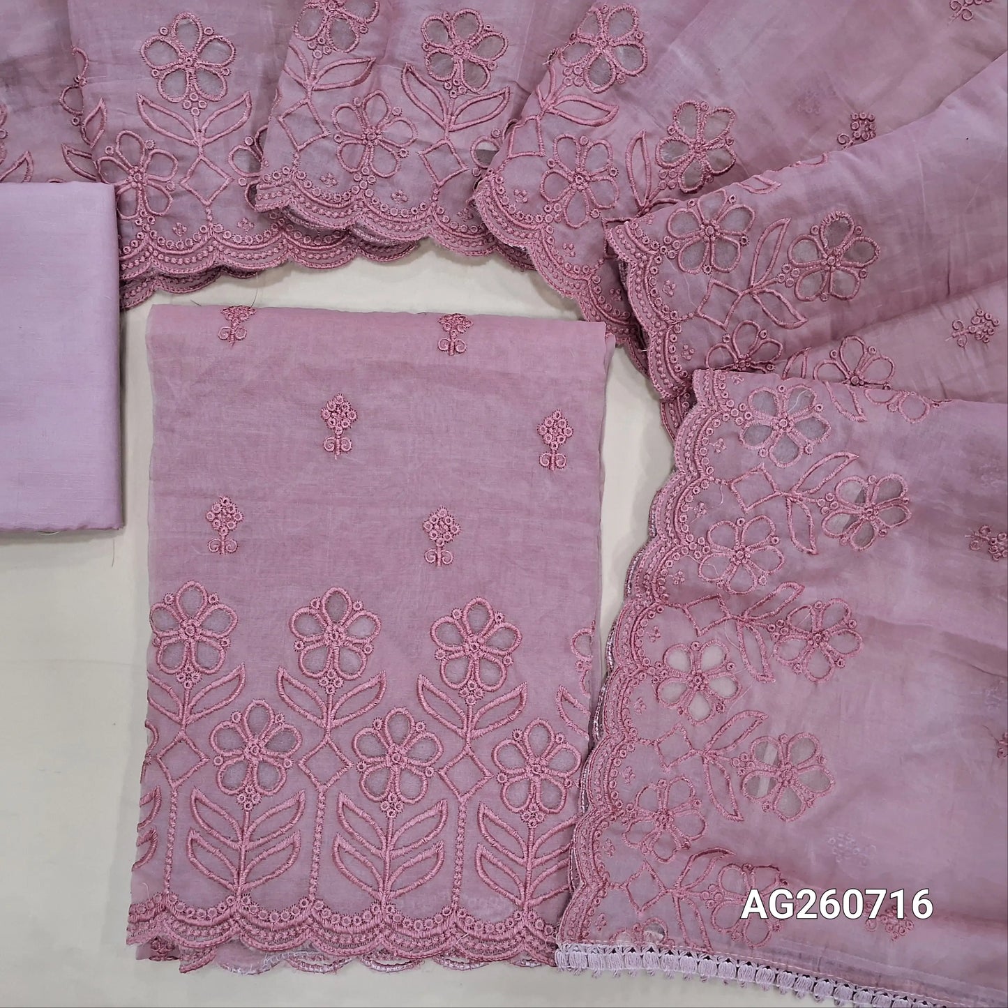 Mauve shade fancy silk cotton unstitched salwar material(soft, lining needed) cut work, embroidery on daman, matching silky bottom, embroidery, cut work on fancy silk cotton dupatta. AG260716