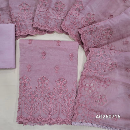 Mauve shade fancy silk cotton unstitched salwar material(soft, lining needed) cut work, embroidery on daman, matching silky bottom, embroidery, cut work on fancy silk cotton dupatta. AG260716