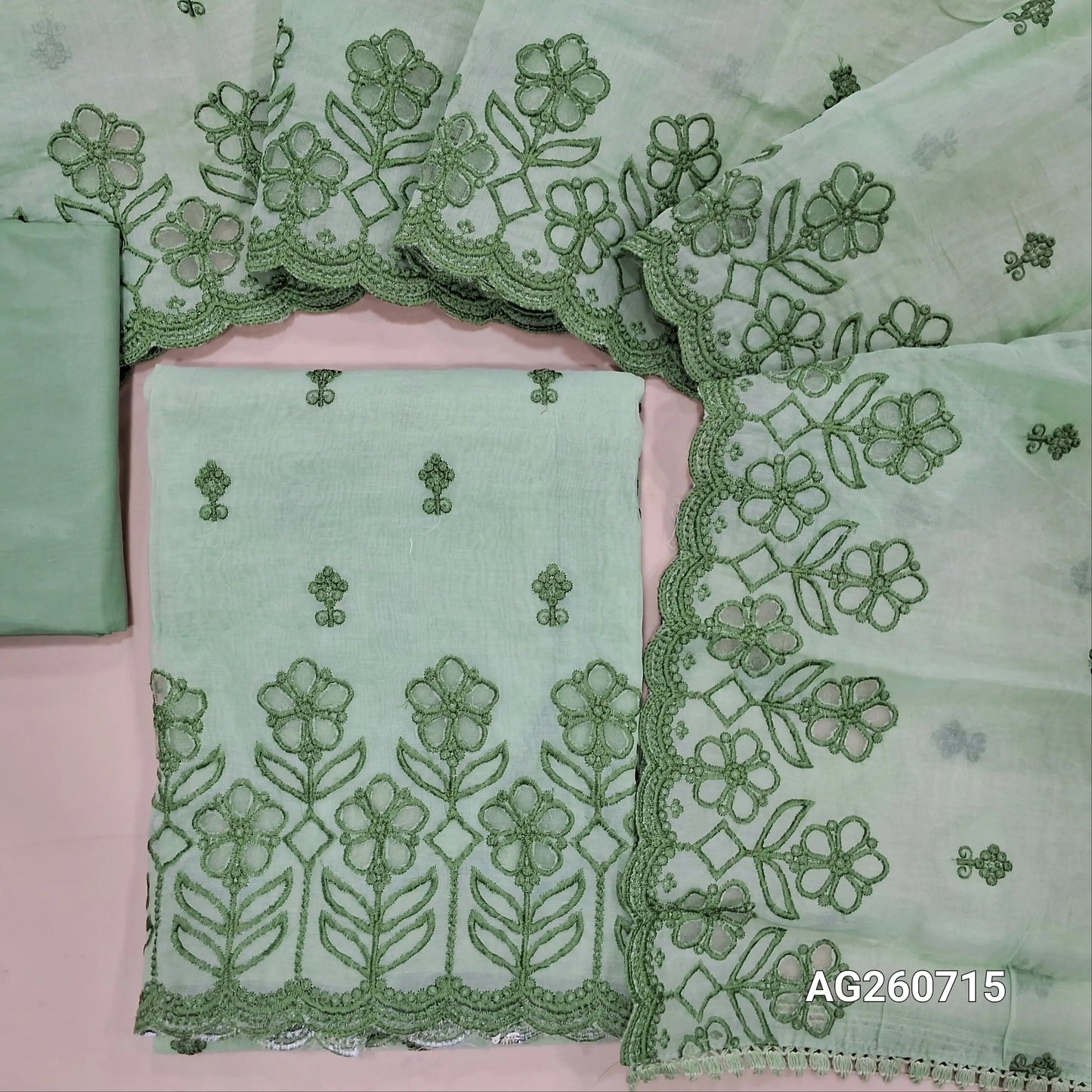 Green shade fancy silk cotton unstitched salwar material(soft, lining needed) cut work, embroidery on daman, matching silky bottom, embroidery, cut work on fancy silk cotton dupatta. AG260715