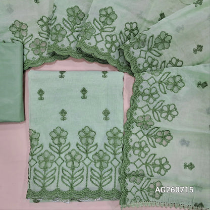 Green shade fancy silk cotton unstitched salwar material(soft, lining needed) cut work, embroidery on daman, matching silky bottom, embroidery, cut work on fancy silk cotton dupatta. AG260715