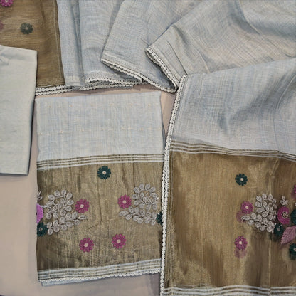 Rich beige premium silk cotton unstitched salwar material,embroidery & zari yoke,zari buttas,gold tissue and embroidery and zari work on daman,(lining needed)santoon bottom, silk cotton dupatta with embriodery work with tissue pallu. AG260701