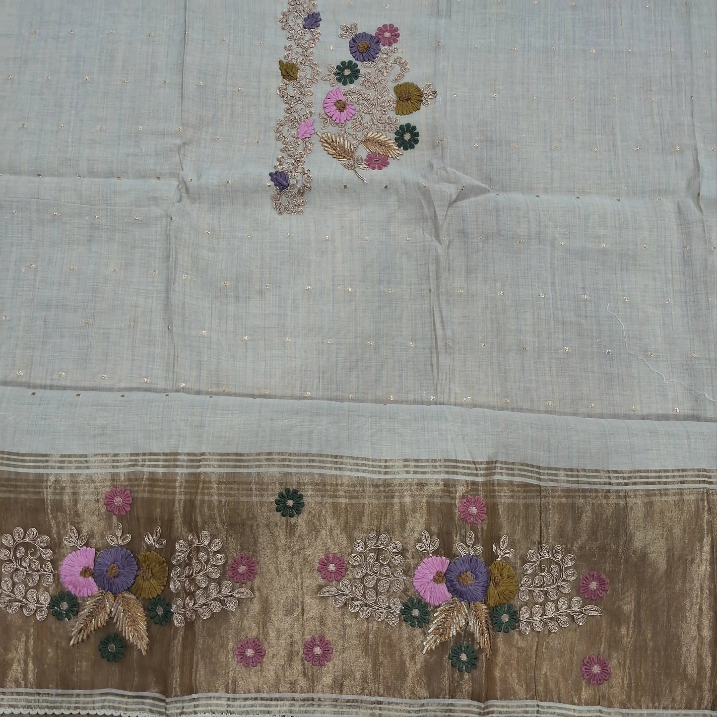 Rich beige premium silk cotton unstitched salwar material,embroidery & zari yoke,zari buttas,gold tissue and embroidery and zari work on daman,(lining needed)santoon bottom, silk cotton dupatta with embriodery work with tissue pallu. AG260701