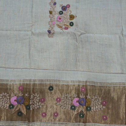 Rich beige premium silk cotton unstitched salwar material,embroidery & zari yoke,zari buttas,gold tissue and embroidery and zari work on daman,(lining needed)santoon bottom, silk cotton dupatta with embriodery work with tissue pallu. AG260701