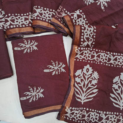 Dark maroon original wax batik silk cotton unstitched salwar material, gold tissue borders,(Lining Needed)cotton bottom, batik design on silk cotton dupatta with tissue borders(TAPPING NEEDED). AG260702