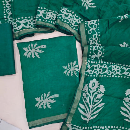 Dark turquoise green original wax batik silk cotton unstitched salwar material, gold tissue borders,(Lining Needed)cotton bottom, batik design on silk cotton dupatta with tissue borders(TAPPING NEEDED). AG260705