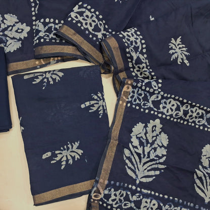 Dark blue original wax batik silk cotton unstitched salwar material, gold tissue borders,(Lining Needed)cotton bottom, batik design on silk cotton dupatta with tissue borders(TAPPING NEEDED). AG260704