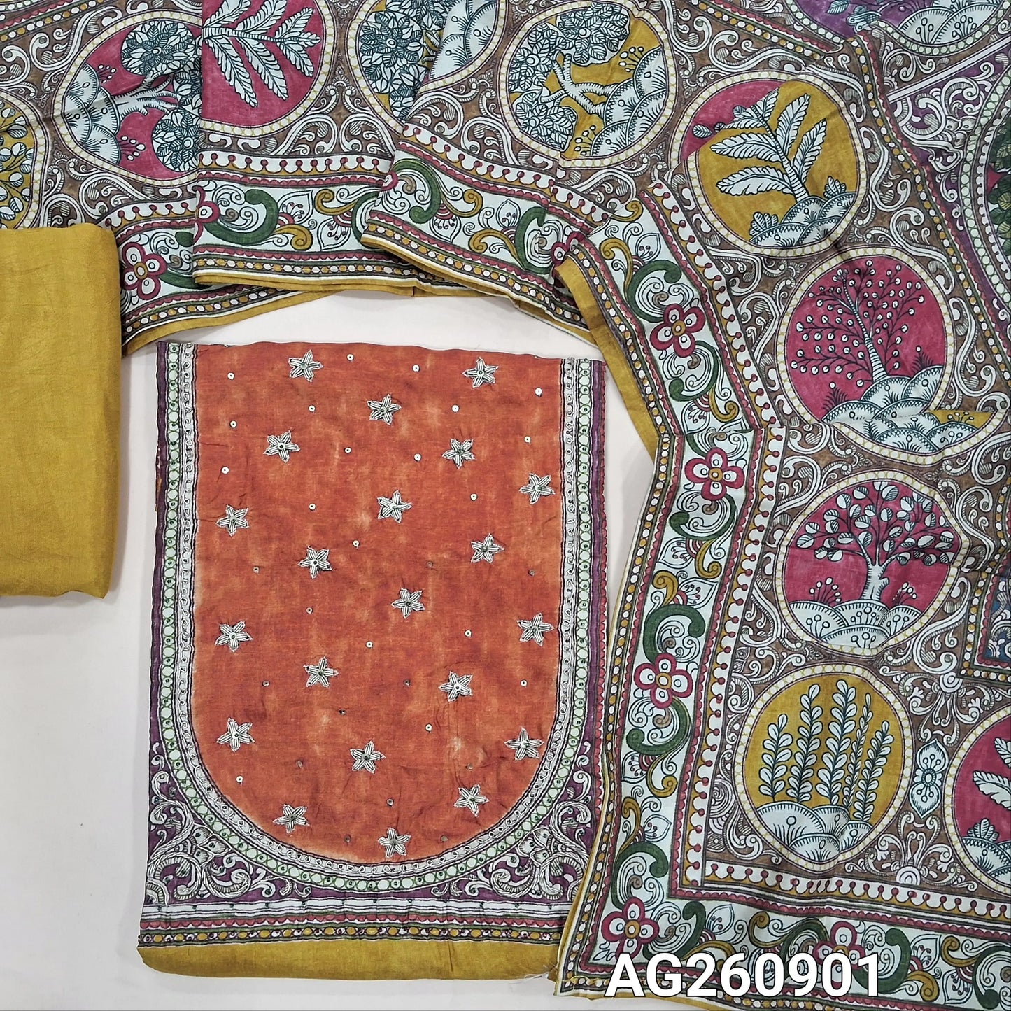 Mehandhi yellow pure russian silk semi stitched salwar material, contrast yoke patch with zarodzi and sequins, digital printed daman(lining needed)santoon bottom,colorful printed short width russian silk dupatta. AG260901