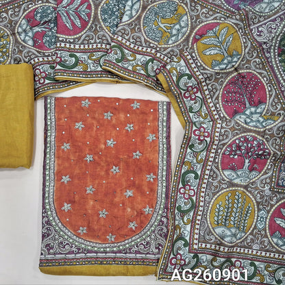 Mehandhi yellow pure russian silk semi stitched salwar material, contrast yoke patch with zarodzi and sequins, digital printed daman(lining needed)santoon bottom,colorful printed short width russian silk dupatta. AG260901