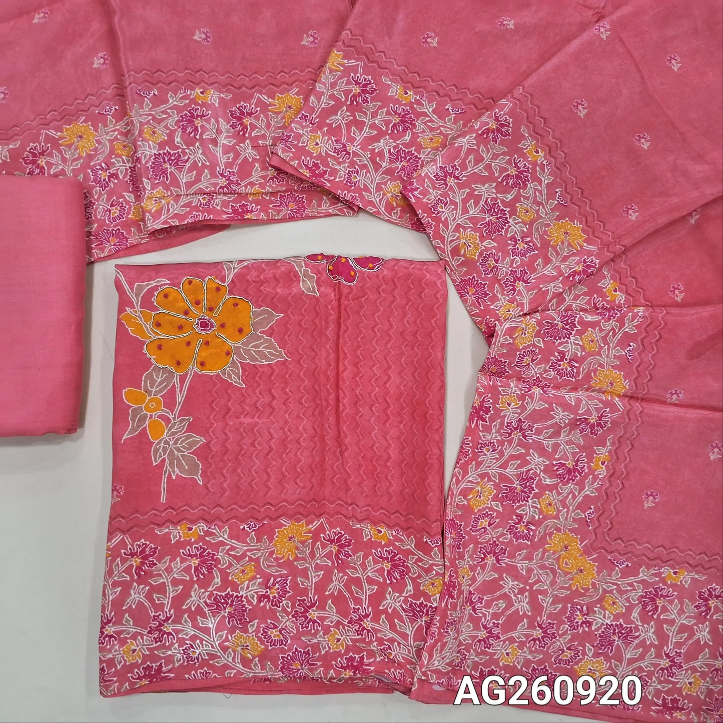 Bright pink pure crepe silk unstitched salwar material, floral printed with zarodzi work on front, (soft, shiny, lining needed)santoon bottom, short width pure crepe silk dupatta with floral printed borders. AG260920