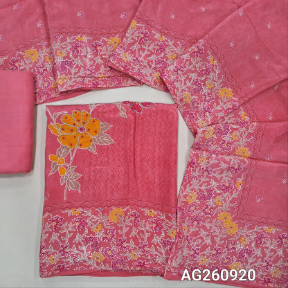 Bright pink pure crepe silk unstitched salwar material, floral printed with zarodzi work on front, (soft, shiny, lining needed)santoon bottom, short width pure crepe silk dupatta with floral printed borders. AG260920