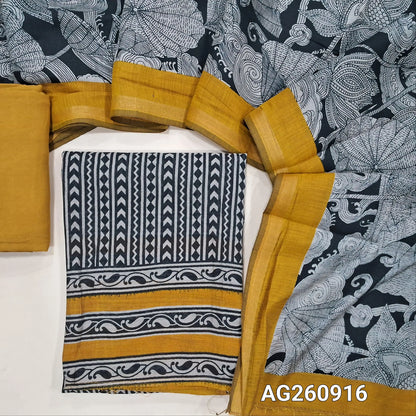 PREORDER SHIPPING 1 WEEK Black base digital printed premium chanderi silk cotton unstitched salwar material,(lining needed)mehandhi yellow spun cotton bottom, digital printed chanderi silk cotton dupatta with contrast borders. AG260916
