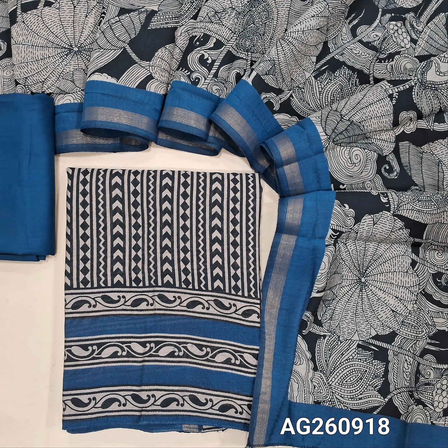 PREORDER SHIPPING 1 WEEK Black base digital printed premium chanderi silk cotton unstitched salwar material,(lining needed)blue spun cotton bottom, digital printed chanderi silk cotton dupatta with contrast borders. AG260918