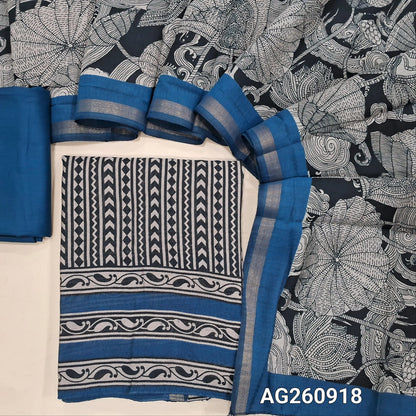 PREORDER SHIPPING 1 WEEK Black base digital printed premium chanderi silk cotton unstitched salwar material,(lining needed)blue spun cotton bottom, digital printed chanderi silk cotton dupatta with contrast borders. AG260918