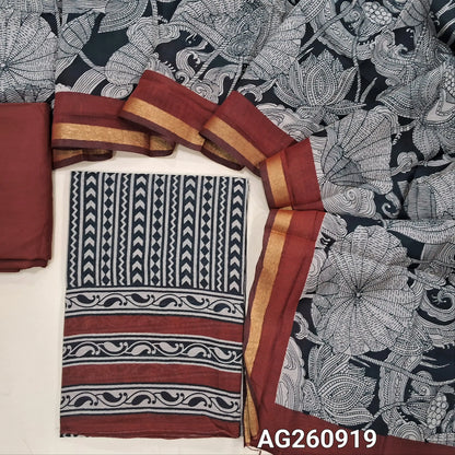 PREORDER SHIPPING 1 WEEK Black base digital printed premium chanderi silk cotton unstitched salwar material,(lining needed)maroon spun cotton bottom, digital printed chanderi silk cotton dupatta with contrast borders. AG260919