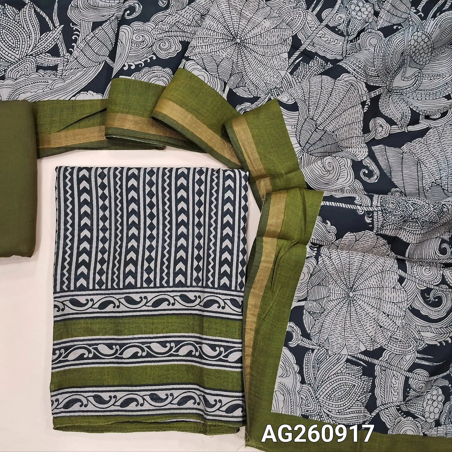 PREORDER SHIPPING 1 WEEK Black base digital printed premium chanderi silk cotton unstitched salwar material,(lining needed)mossy green spun cotton bottom, digital printed chanderi silk cotton dupatta with contrast borders. AG260917