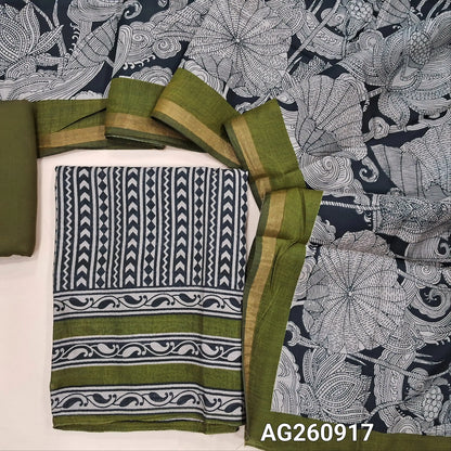 PREORDER SHIPPING 1 WEEK Black base digital printed premium chanderi silk cotton unstitched salwar material,(lining needed)mossy green spun cotton bottom, digital printed chanderi silk cotton dupatta with contrast borders. AG260917