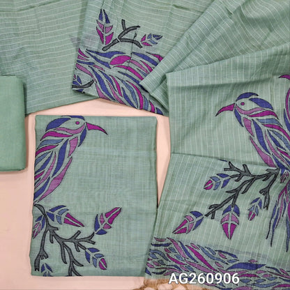 Sage green silk cotton unstitched salwar material,buttas all over, bird weaving on daman,(Lining Needed)santoon bottom,thread woven lines & weaving design on full length silk cotton dupatta with tassles . AG260906