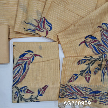 Rich beige silk cotton unstitched salwar material,buttas all over, bird weaving on daman,(Lining Needed)santoon bottom,thread woven lines & weaving design on full length silk cotton dupatta with tassles . AG260909