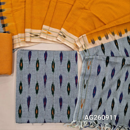 PREORDER SHIPPING 1 WEEK Silver grey premium ikat woven handloom cotton unstitched salwar material, (lining optional)mango yellow cotton bottom, dual shaded handloom cotton dupatta with borders and tassles. AG260911