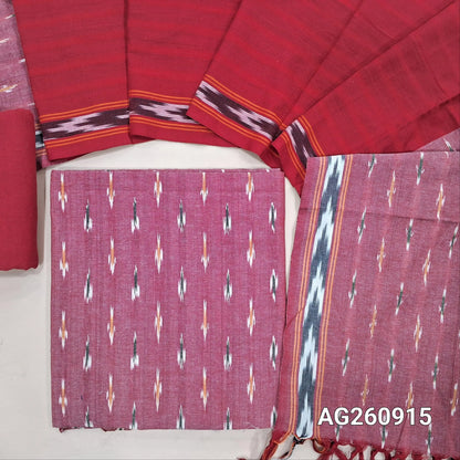 Onion pink premium ikat woven handloom cotton unstitched salwar material, (lining optional)red cotton bottom, dual shaded handloom cotton dupatta with borders and tassles. AG260915