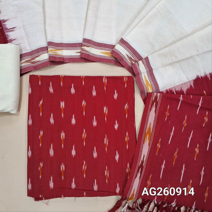 Red premium ikat woven handloom cotton unstitched salwar material, (lining optional)off white cotton bottom, dual shaded handloom cotton dupatta with borders and tassles. AG260914