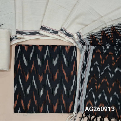 Black premium ikat woven handloom cotton unstitched salwar material, (lining optional)off white cotton bottom, dual shaded handloom cotton dupatta with borders and tassles. AG260913