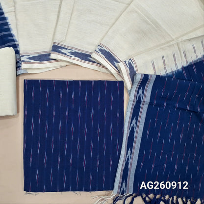 Royal blue premium ikat woven handloom cotton unstitched salwar material, (lining optional)off white cotton bottom, dual shaded handloom cotton dupatta with borders and tassles. AG260912