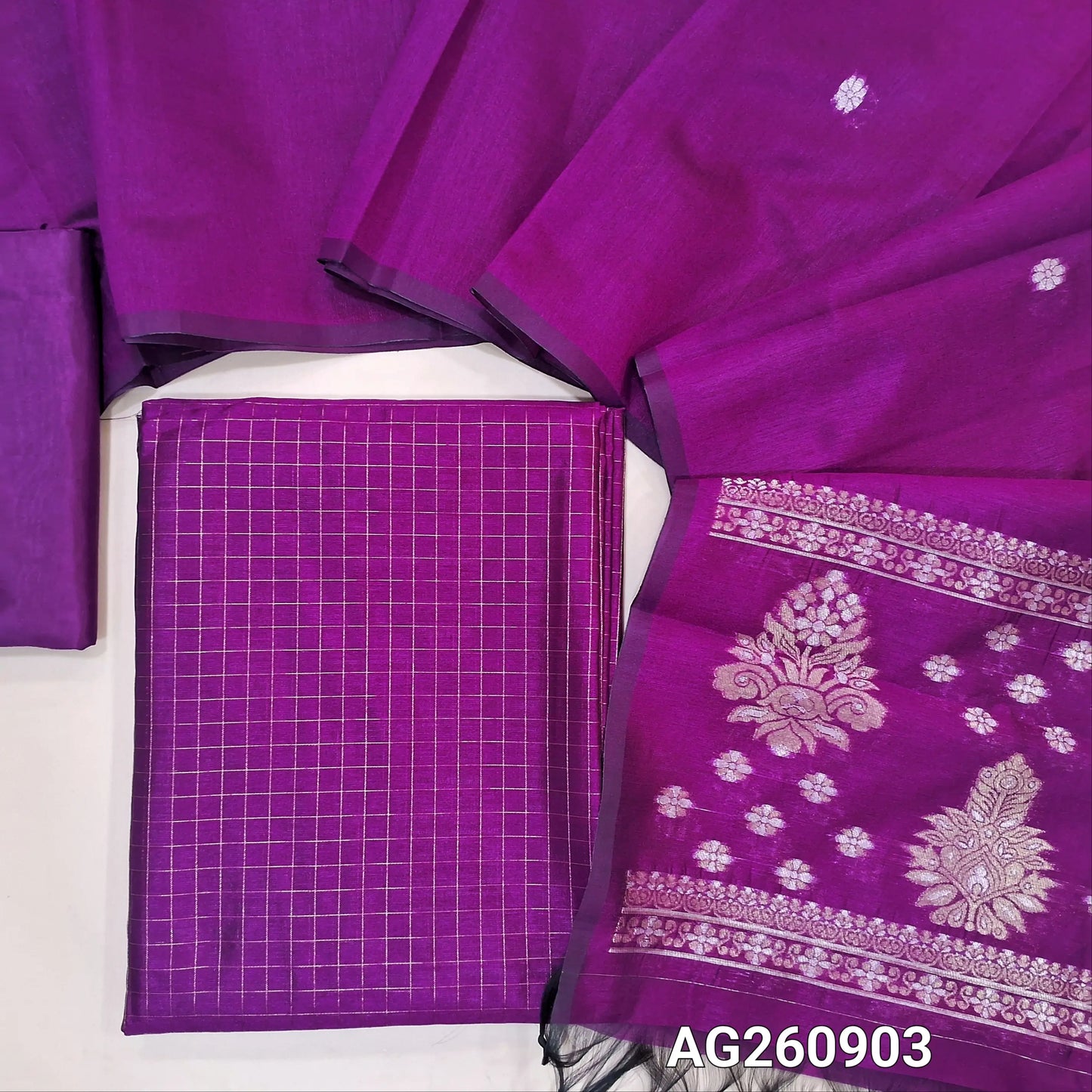 PREORDER SHIPPING 1 WEEK Purple silk cotton unstitched salwar material,zari checks all over,(Lining Needed)silky bottom, buttas on full length silk cotton dupatta with rich gold and silver zari pallu. AG260903
