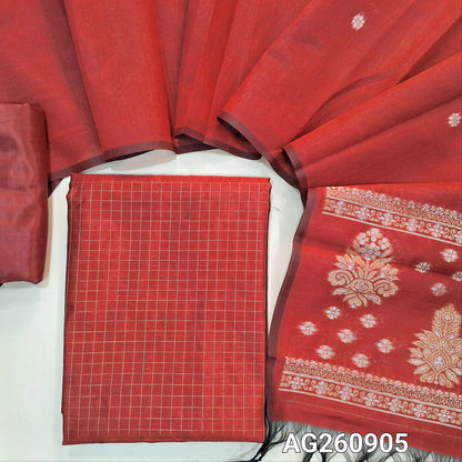 PREORDER SHIPPING 1 WEEK Reddish maroon silk cotton unstitched salwar material,zari checks all over,(Lining Needed)silky bottom, buttas on full length silk cotton dupatta with rich gold and silver zari pallu. AG260905