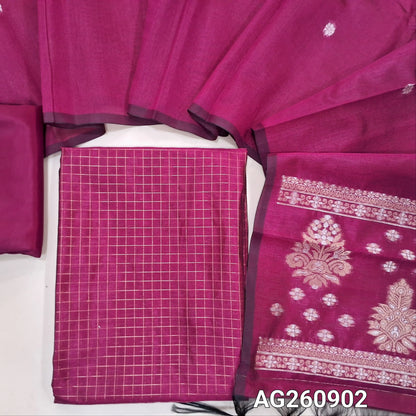 Rani pink silk cotton unstitched salwar material,zari checks all over,(Lining Needed)silky bottom, buttas on full length silk cotton dupatta with rich gold and silver zari pallu. AG260902