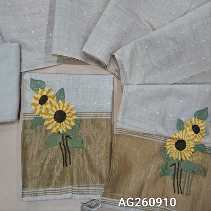 Rich beige premium silk cotton unstitched salwar material,embroidered yoke,zari buttas all over,(lining needed)rich daman with sunflower embriodery, santoon bottom,  silk cotton dupatta with rich embroidery and tissue pallu. AG260910