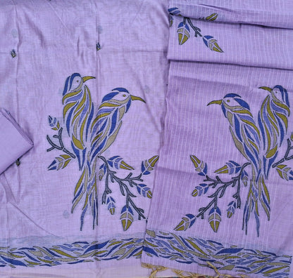 Lavender silk cotton unstitched salwar material,buttas all over, bird weaving on daman,(Lining Needed)santoon bottom,thread woven lines & weaving design on full length silk cotton dupatta with tassles . AG260908