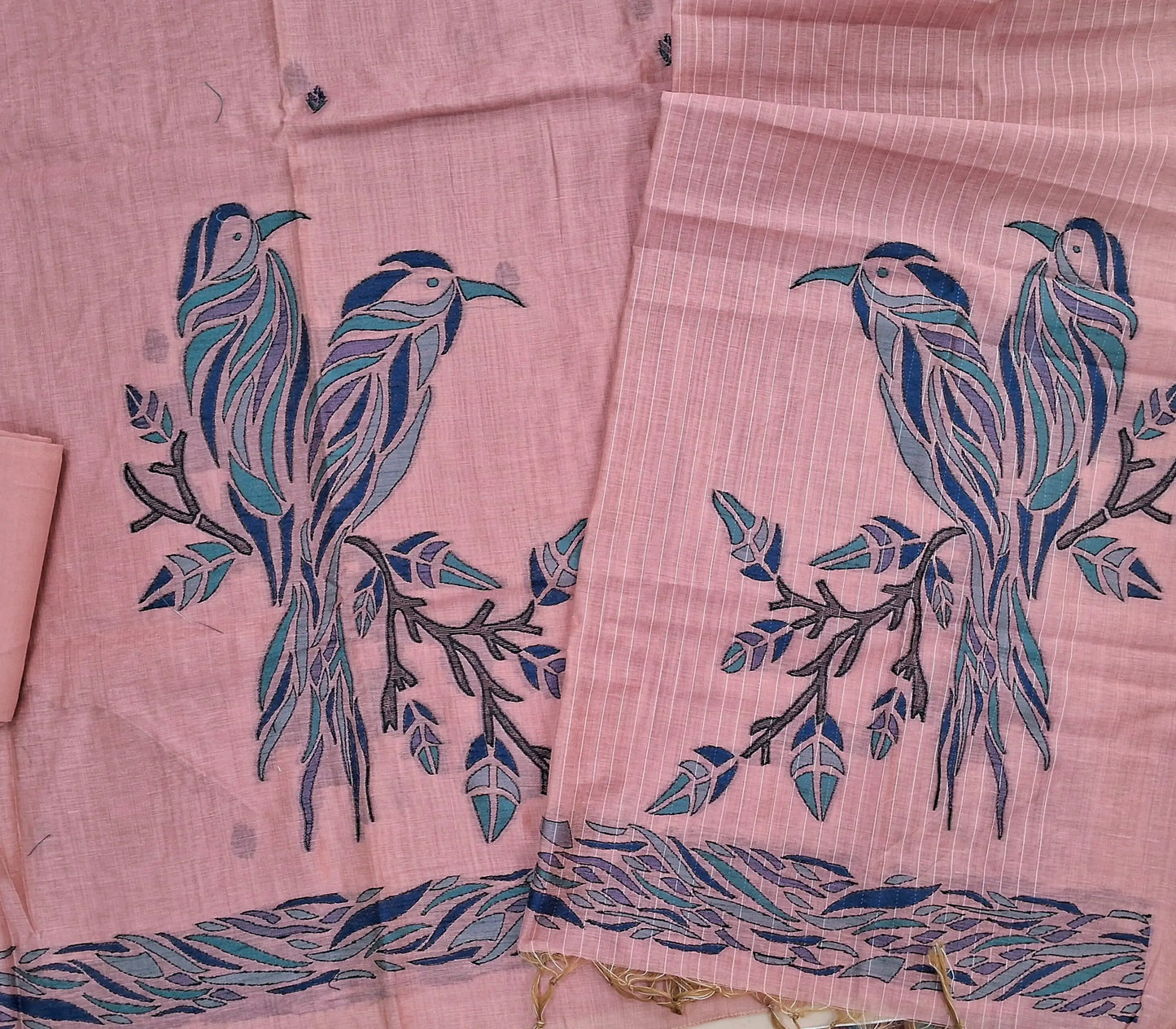Pastel pink silk cotton unstitched salwar material,buttas all over, bird weaving on daman,(Lining Needed)santoon bottom,thread woven lines & weaving design on full length silk cotton dupatta with tassles . AG260907