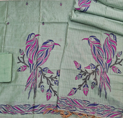 Sage green silk cotton unstitched salwar material,buttas all over, bird weaving on daman,(Lining Needed)santoon bottom,thread woven lines & weaving design on full length silk cotton dupatta with tassles . AG260906