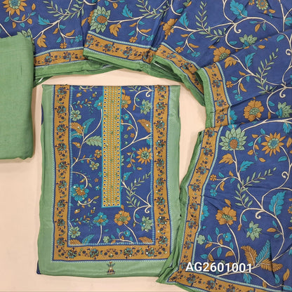 Sage green pure crepe silk unstitched salwar material,floral printed yoke with sequins, digital printed all over,(soft, shiny, lining needed)santoon bottom, floral printed short width pure crepe silk dupatta. AG261001