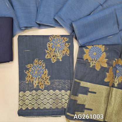 Dark grey silk cotton unstitched salwar material,thread woven lines on front, thread and zari work with thread work daman,(Lining Needed)spun cotton bottom, dual shaded full length silk cotton dupatta with rich pallu and tassles. AG261003