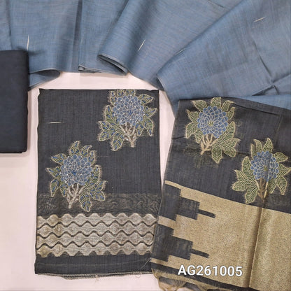 Elephant grey silk cotton unstitched salwar material,thread woven lines on front, thread and zari work with thread work daman,(Lining Needed)spun cotton bottom, dual shaded full length silk cotton dupatta with rich pallu and tassles. AG261005