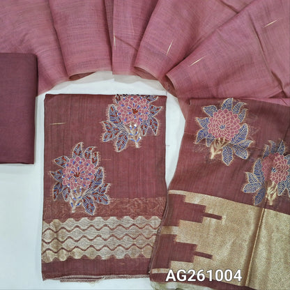 Brick red silk cotton unstitched salwar material,thread woven lines on front, thread and zari work with thread work daman,(Lining Needed)spun cotton bottom, dual shaded full length silk cotton dupatta with rich pallu and tassles. AG261004