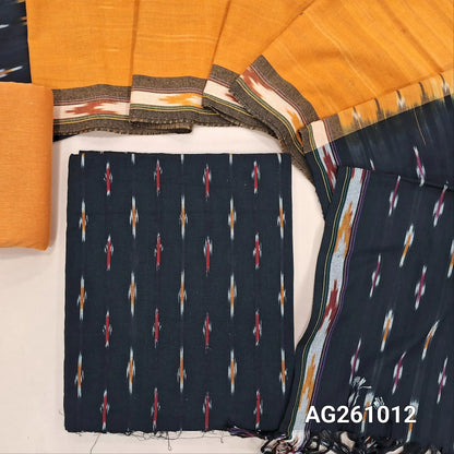 Black premium ikat woven handloom cotton unstitched salwar material, (lining optional)yellowcotton bottom, dual shaded handloom cotton dupatta with borders and tassles(INCONSISTENT WEAVING ARE NOT DEFECTS). AG261012