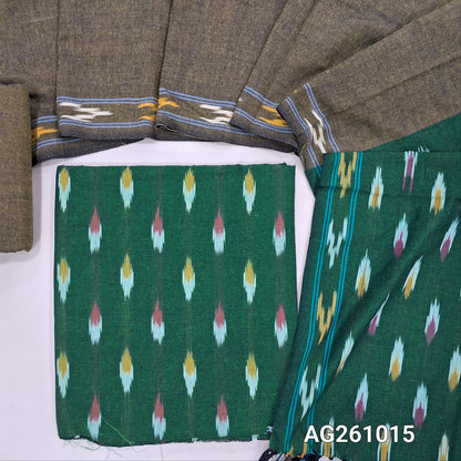 Bottle green premium ikat woven handloom cotton unstitched salwar material, (lining optional)mehandhi green cotton bottom, dual shaded handloom cotton dupatta with borders and tassles(INCONSISTENT WEAVING ARE NOT DEFECTS) . AG261015