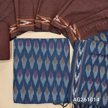 Dark blue premium ikat woven handloom cotton unstitched salwar material, (lining optional)maroon cotton bottom, dual shaded handloom cotton dupatta with borders and tassles(INCONSISTENT WEAVING ARE NOT DEFECTS) . AG261014