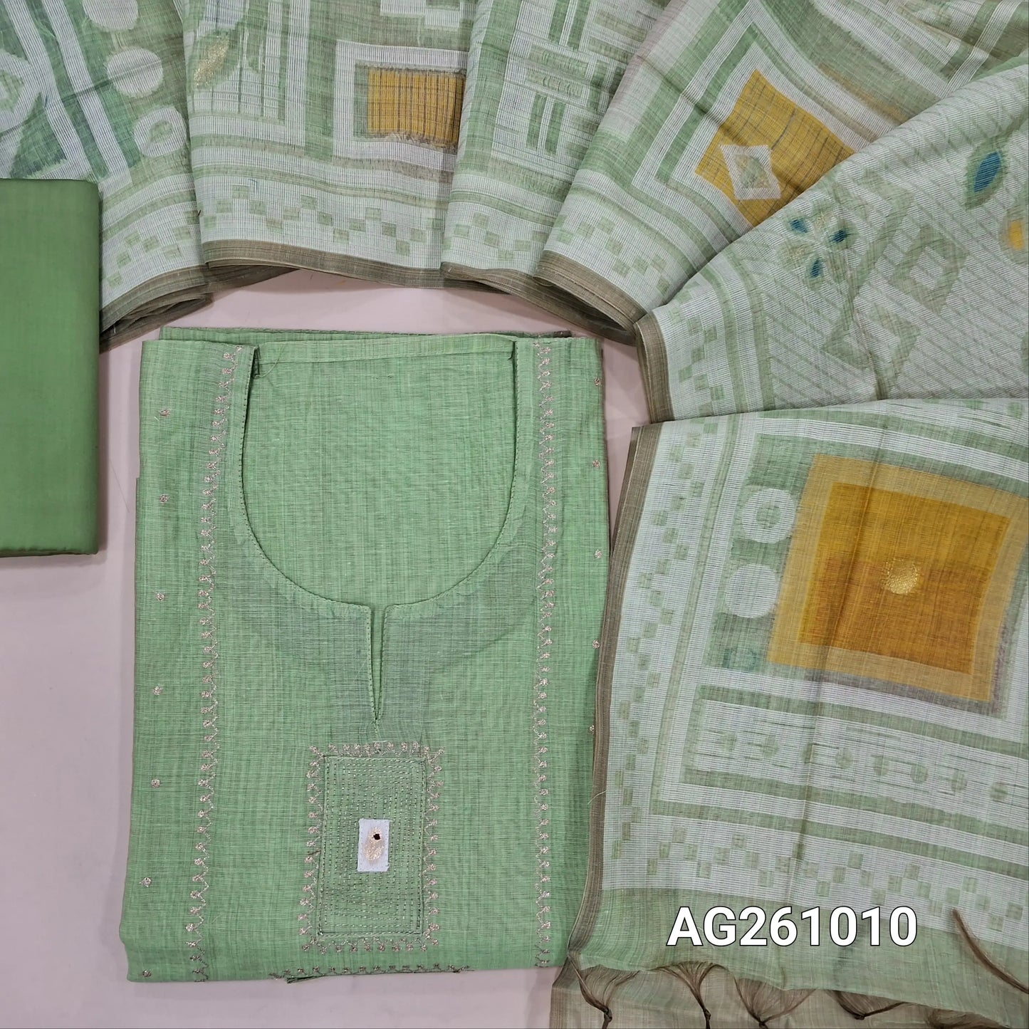 Designer pastel green silk cotton unstitched salwar material,zari detailing and applique on yoke,(Lining Needed)silky bottom, abstract jamdani woven silk cotton dupatta. AG261010