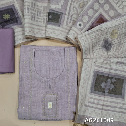 Designer lavender silk cotton unstitched salwar material,zari detailing and applique on yoke,(Lining Needed)silky bottom, abstract jamdani woven silk cotton dupatta. AG261009