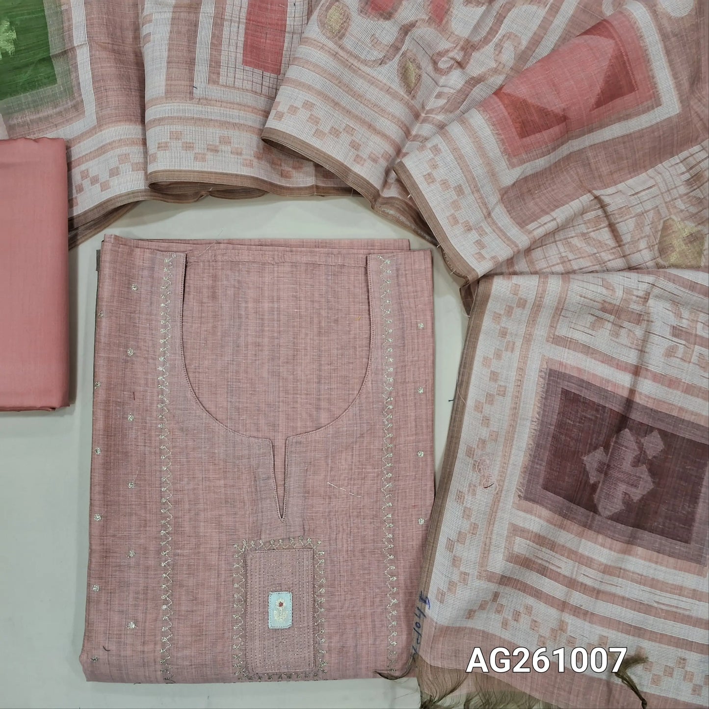 Designer light peachish pink silk cotton unstitched salwar material,zari detailing and applique on yoke,(Lining Needed)silky bottom, abstract jamdani woven silk cotton dupatta. AG261007