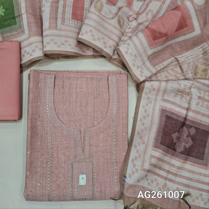Designer light peachish pink silk cotton unstitched salwar material,zari detailing and applique on yoke,(Lining Needed)silky bottom, abstract jamdani woven silk cotton dupatta. AG261007